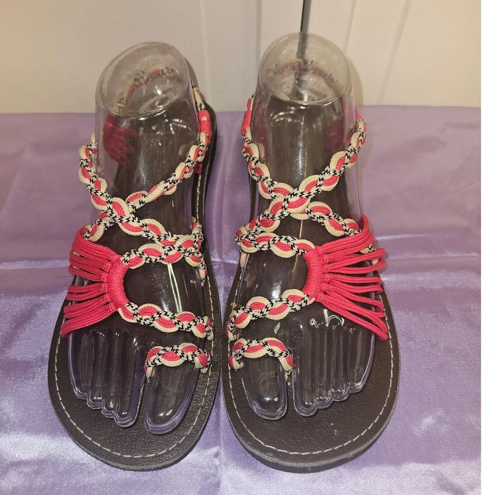 LOKI Pink Braided Rope Sandals Womens Strappy Boho Summer Beach Shoes